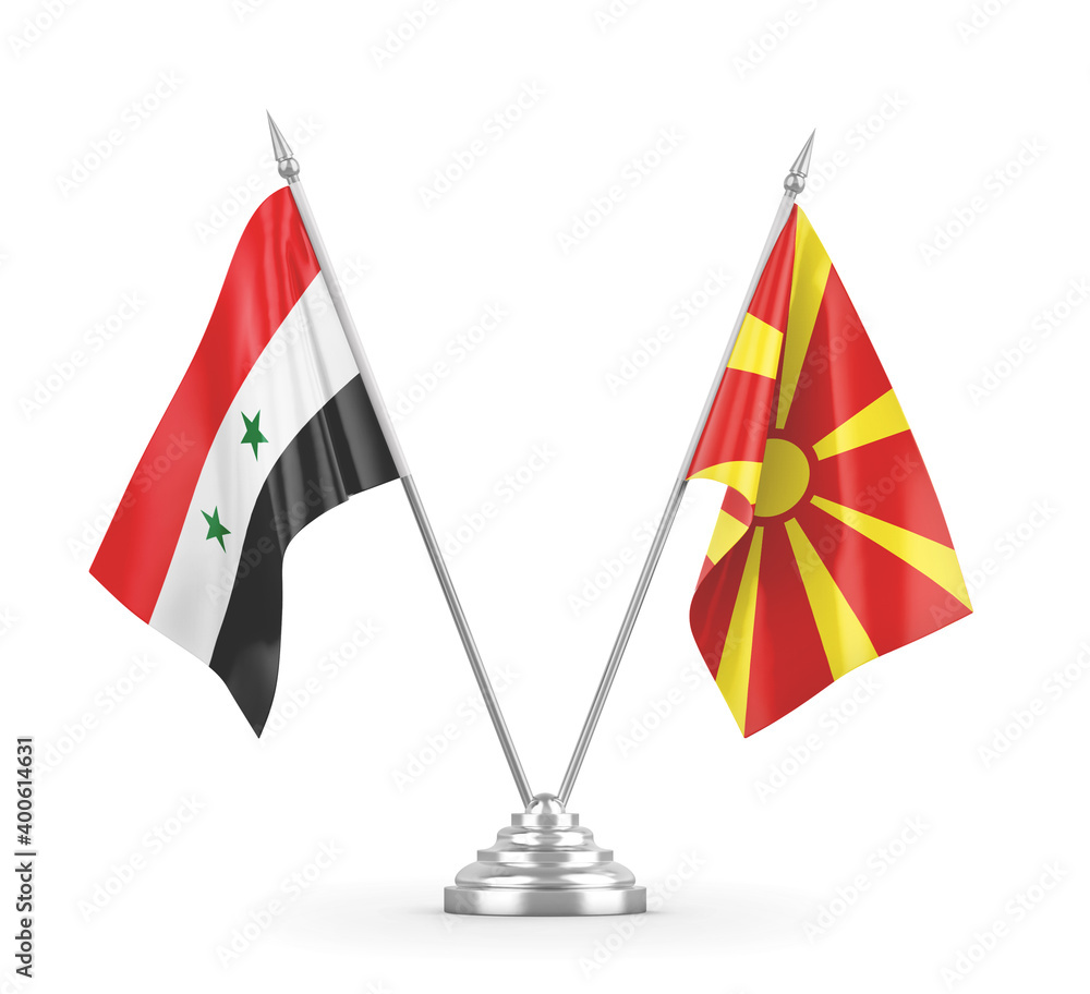 North Macedonia and Syria table flags isolated on white 3D rendering North Macedonia and Syria table flags isolated on white 3D rendering