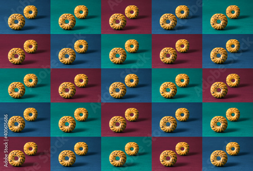 Small kugelhopf cakes with chocolate making a colorful pattern photo