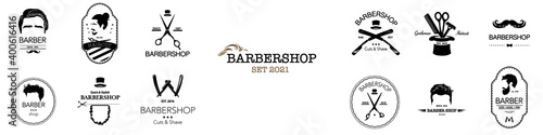 Set of barbershop logos. Hair salon logotypes with haircuts and barber tools and accessories. Vector Illustration