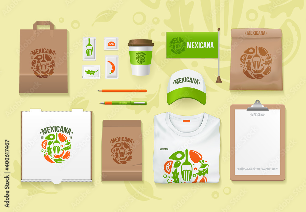 Vector food identity template design set. Branding MockUps. Packages Mock-up Pack for your company. Mexican food template