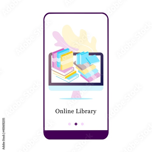 Online library, e-book, online literature, encyclopedia, online bookstore mobile app onboarding screen. Menu vector banner template for interface UX, UI GUI screen mobile development illustration.