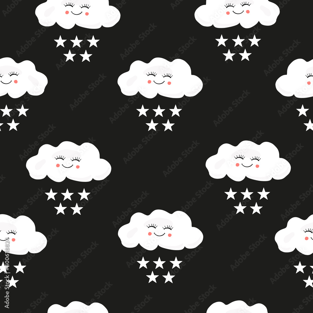 Obraz premium Seamless kids pattern with cloud and stars. Seamless kids pattern with hand life and hearts. Scandinavian for fabric design pattern, wrapping paper, wallpaper, background