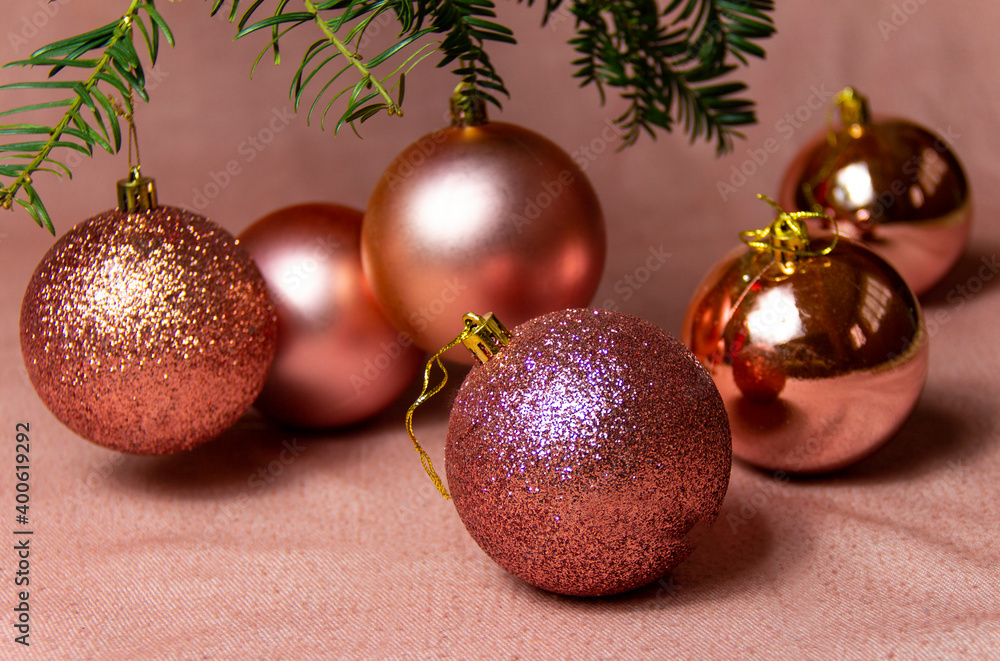 christmas round balls on pink background.Glossy realistic elements for promo, party, event design. christmas round balls on pink background.Glossy realistic elements for promo, party, event design.
