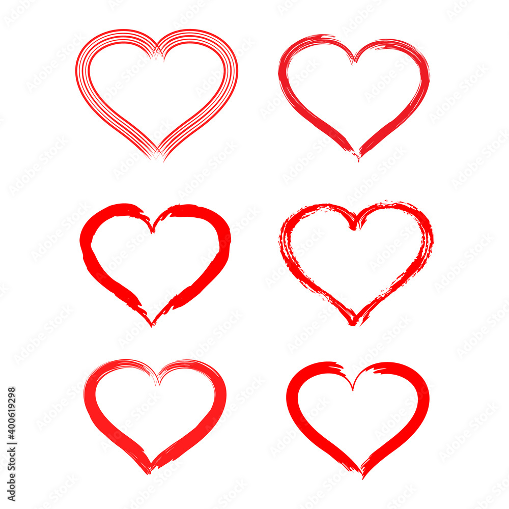 Hand Drawn red brush hearts isolated on white.