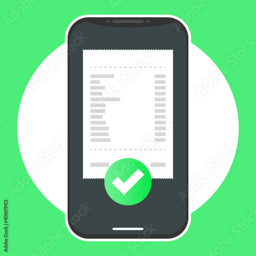 Smartphone approved cash receipt. Smartphone in flat style. Green background.