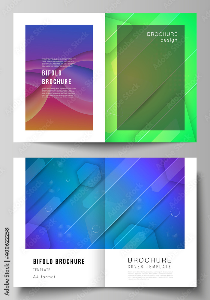 Fototapeta premium Vector layout of two A4 format modern cover mockups design templates for bifold brochure, flyer, booklet. Futuristic technology design, colorful backgrounds with fluid gradient shapes composition.