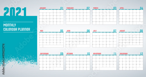 Yearly Wall Calendar Planner Template for 2021 Year. Vector Design Print Template. Week Starts Monday. Stock vector illustration isolated on white background.