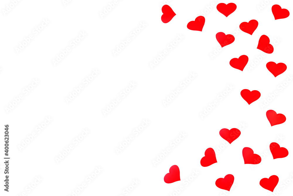 Background with red hearts with free space for text on white background. Flat lay, top view. Valentines day concept. Mother's Day concept. Background with red hearts with free space for text on white background. Flat lay, top view. Valentines day concept. Mother's Day concept.