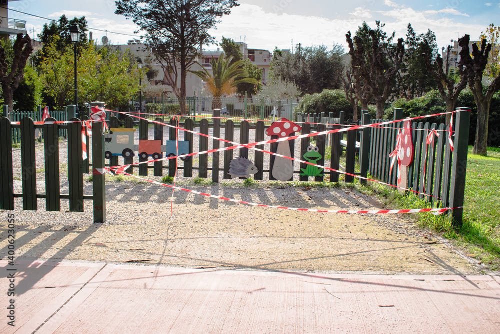 Children's playground, toys outdoor on a children play area closed in Peristeri, Greece Children's playground, toys outdoor on a children play area closed in Peristeri, Greece