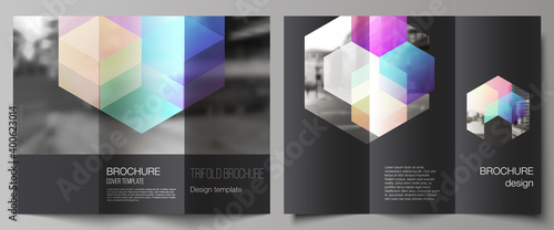 Vector layouts of covers design templates with colorful hexagons, geometric shapes, tech background for trifold brochure, flyer layout, magazine, book design, brochure cover, advertising mockups.