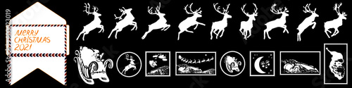 Santa Claus sleigh with reindeer. Santa delivering gifts and presents. Christmas postal stamps. Vector Illustration