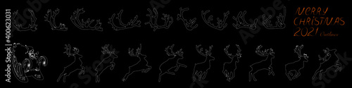 Santa Claus sleigh with reindeer. Santa delivering gifts and presents. Vector Illustration