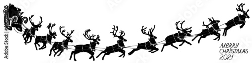 Santa Claus sleigh with reindeer. Santa delivering gifts and presents. Vector Illustration