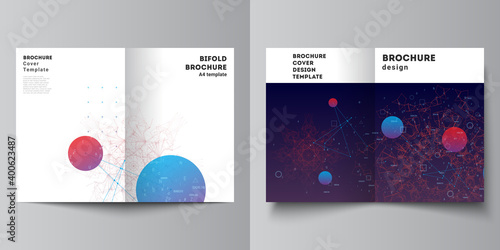 Vector layout of two A4 cover mockups templates for bifold brochure, flyer, magazine, cover design, book design. Artificial intelligence, big data visualization. Quantum computer technology concept.