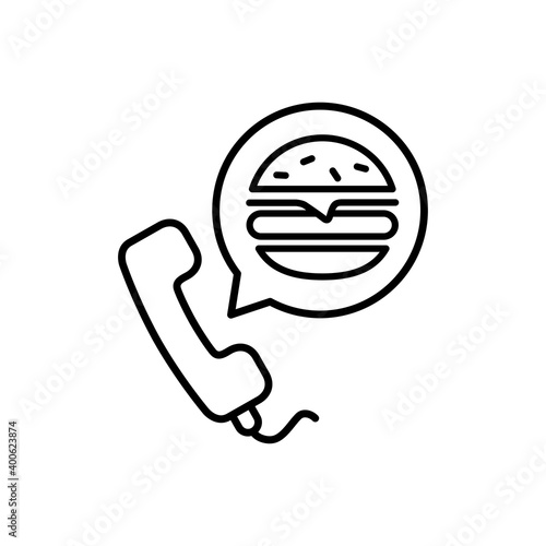 Concepto reparto de comida a domicilio. Icono auricular de teléfono con hamburguesa en burbuja de habla con lineas en color negro