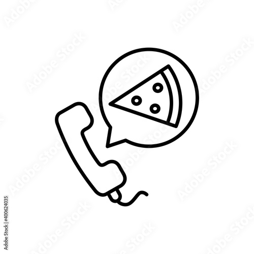 Concepto reparto de comida a domicilio. Icono auricular de teléfono con pizza en burbuja de habla con lineas en color negro