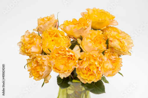 The bouquet of orange roses are in the vase of old green glass on white background.