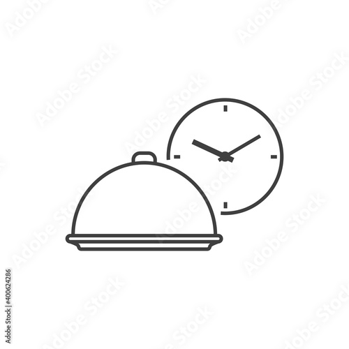 Servicio entrega de comida a domicilio. Logotipo con bandeja de comida con reloj simple con lineas en color gris