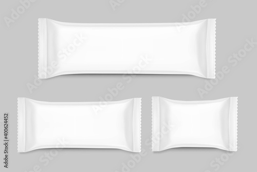 Set of hight realistic flow packaging mockups. Vector illustration. Can be use for your design, promo, adv and etc. Possibility for food, pharmaceutical, cosmetic. EPS10.	