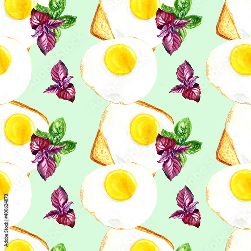 Fototapeta Naklejka Na Ścianę i Meble -  watercolor seamless pattern that consists of: sandwich, eggs and basil leaves.
Suitable for textiles, kitchen utensils.