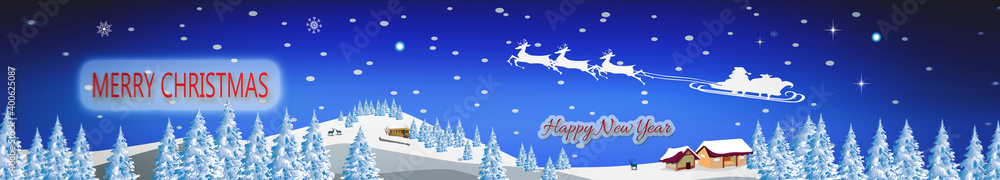 Merry Christmas and Happy New Year. Santa Claus in the sky, winter idyll, web banner, illustration Merry Christmas and Happy New Year. Santa Claus in the sky, winter idyll, web banner, illustration
