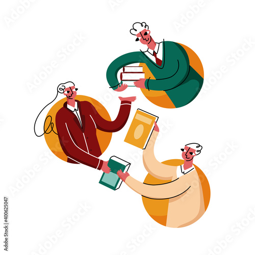 Abstract flat vector illustration of metaphor with concept sharing books and reading together. Share icon shows people passing on various literature, documents.