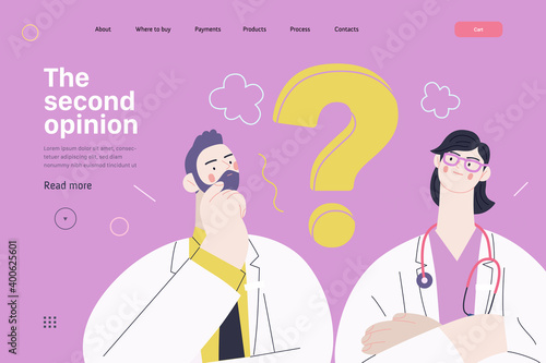 Medical insurance template -second opinion on a matter -modern flat vector concept digital illustration of two doctors and a question mark, second medical opinion metaphor, medical insurance plan