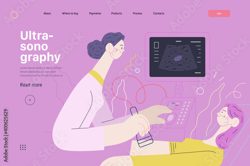 Medical tests illustration - ultrasound - modern flat vector concept digital illustration of ultrasonography procedure -doctor examing patient pregnant woman with scanner, medical office or laboratory