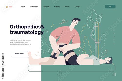 Medical insurance - orthopedic and traumathology -modern flat vector concept digital illustration - an orthopaedist attaching the orthosis to a lying female patient, medical office or laboratory