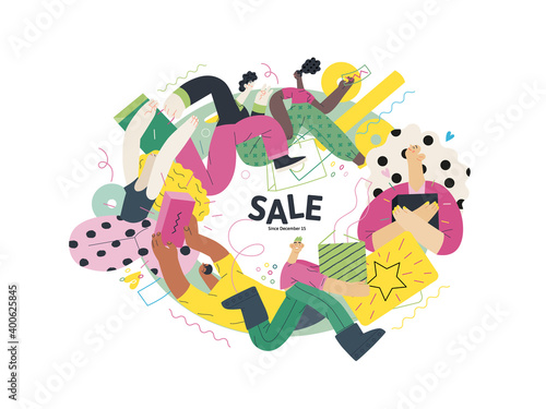 Discounts, sale, promotion vignette - modern flat vector concept illustration of people crowd running in the pursuit of the discounts, with a big percent sign on the background