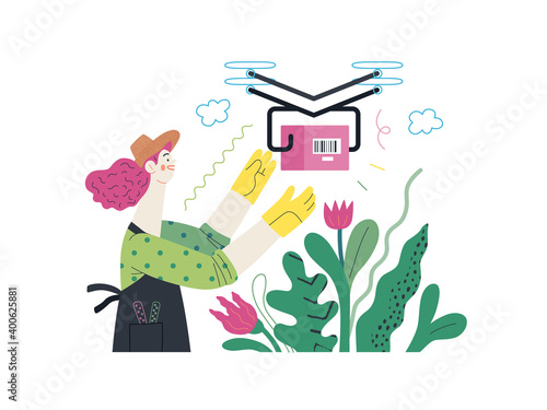 Discounts, sale, promotion - delivery - modern outlined flat vector concept illustration of a woman doing gardening job, wearing apron and gloves, receiving an online order shipped with a drone