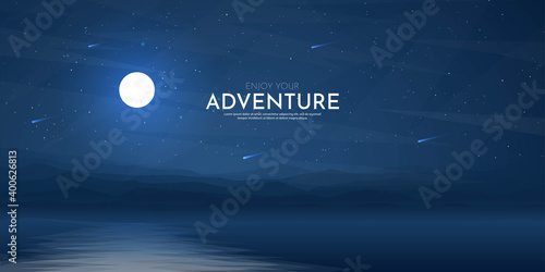 Vector illustration. Background with copy space. Minimalist landscape. Dark night scene. Beautiful clear sky with shooting stars. Polygonal style. Mountains. Moonlight reflection in water. Blue color
