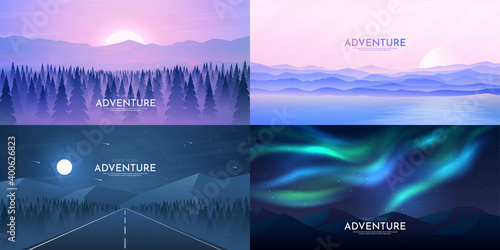 Vector illustration. Landscapes collection. Flat cartoon polygonal concept. Web template. Modern futuristic style. Triangle shapes. Misty forest, sunset scene, night highway, aurora borealis