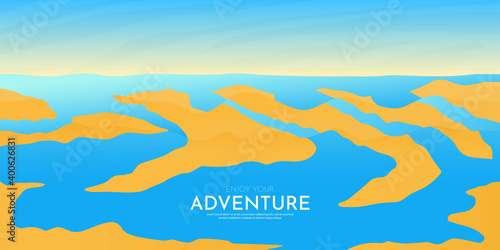 Vector illustration. Minimalist landscape. Flat cartoon art. Water in desert. Wilderness. River streams to sea. Mountain. Summer. Clear sky. Website banner with text. Sand hills. Hot weather