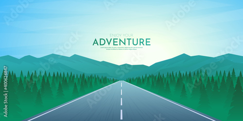 Vector illustration. Journey concept. Background with perspective effect. Geometric template for website or game. Empty road. Polygonal and triangle shapes. Green misty forest. Sunny day. Green color