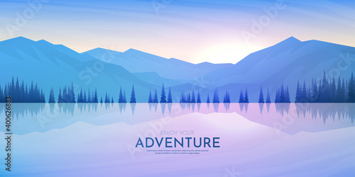 Vector illustration. Polygonal design. Minimalist wallpaper. Flat background. Landscape with trees near water. Triangle shapes. Mountain ridge. Gradient color. Tourism and travel concept.