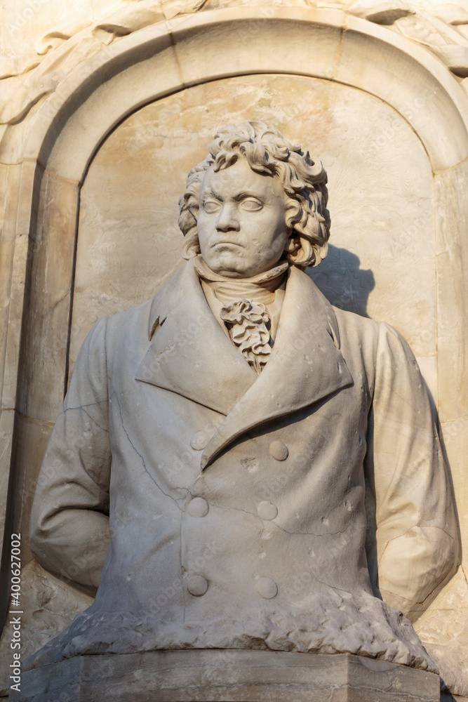 Stone figure of musical genius, composer and pianist Ludwig van Beethoven, in a monument from 1898