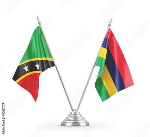 Mauritius and Saint Kitts and Nevis table flags isolated on white 3D rendering