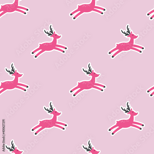 Happy valentines day greeting seamless pattern with deer and hearts on a pink background. Christmas pattern for fabric, wallpaper. Vector illustration.