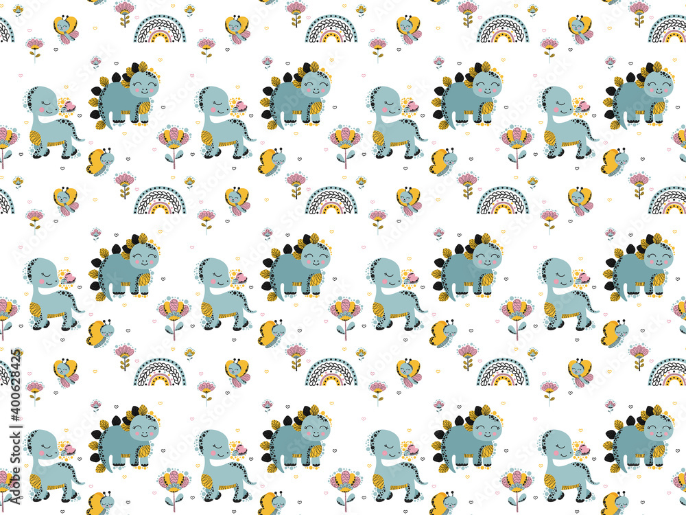 Cute childish girly summer seamless pattern of smiling baby dinosaurs brontosaurus and stegosaurus, butterflies, rainbows, abstract flowers on white background. For fabric. Scandinavian style. Vector. Cute childish girly summer seamless pattern of smiling baby dinosaurs brontosaurus and stegosaurus, butterflies, rainbows, abstract flowers on white background. For fabric. Scandinavian style. Vector.