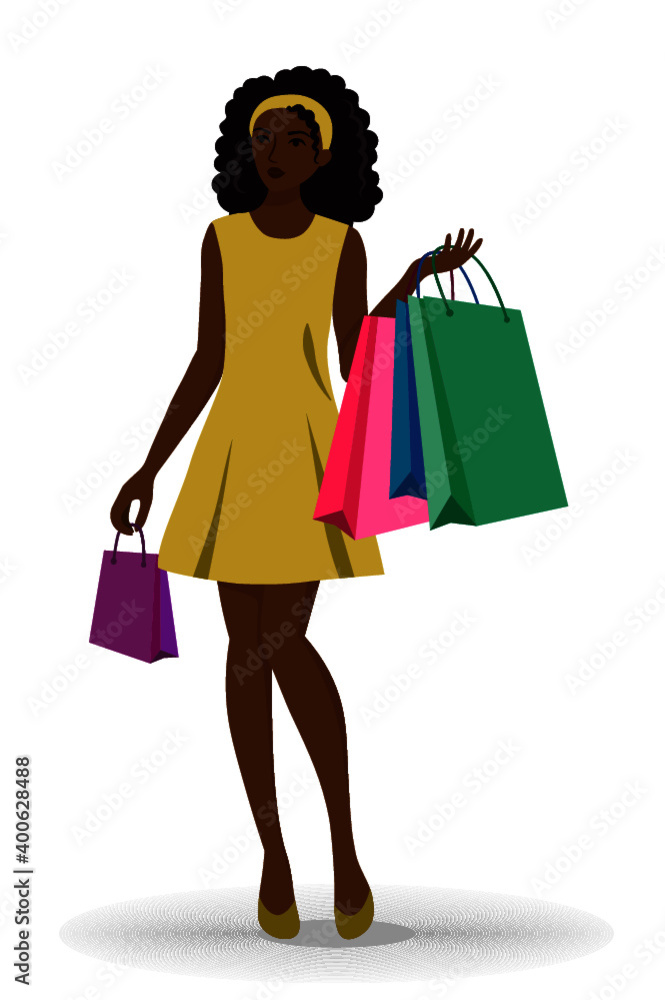 dark-skinned girl with shopping on a white background