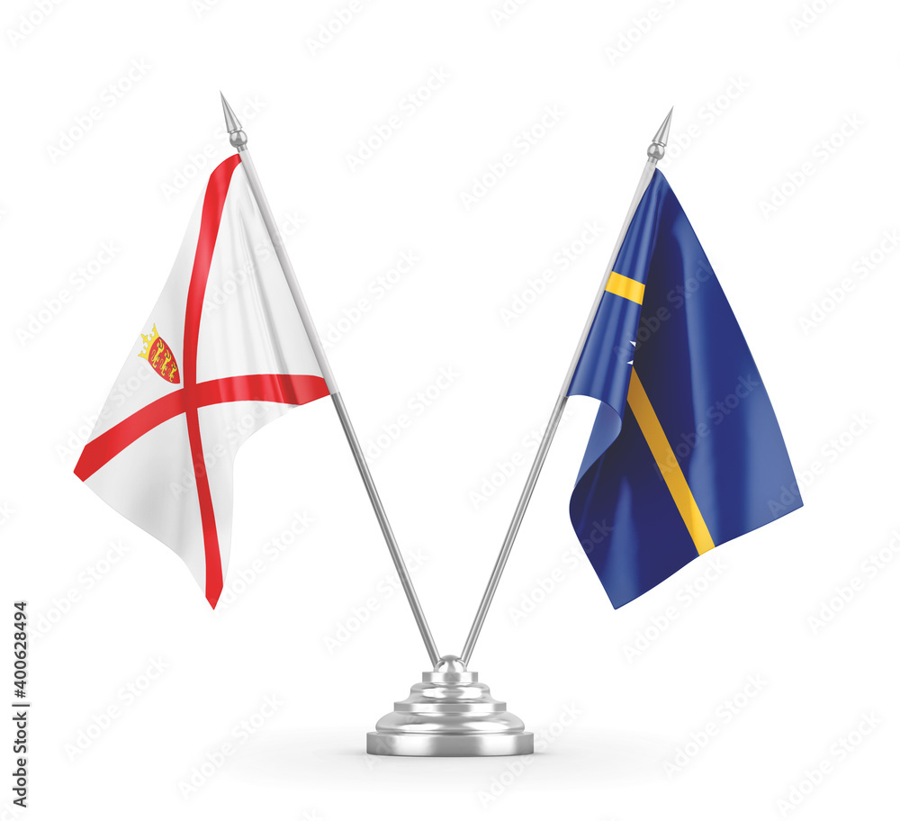 Nauru and Jersey table flags isolated on white 3D rendering Nauru and Jersey table flags isolated on white 3D rendering