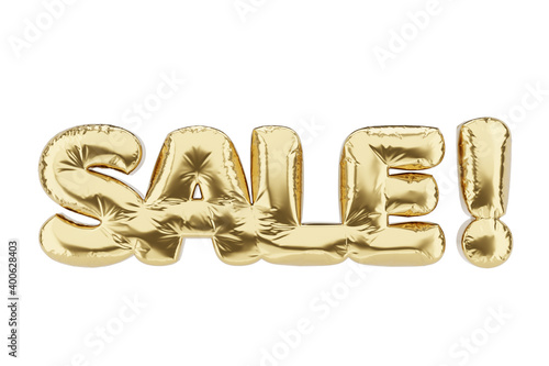Sale word golden foil balloons isolated on white. 3D rendering illustration.