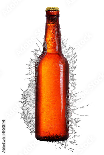 Photos Beer bottle with long neck in water splash isolated on white.