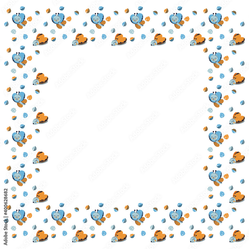 Childrens cartoon square frame of smiling characters of butterflies and abstract monstera leaves in gender neutral orange, blue and gray colors on a white background. For invitation, postcard. Vector. Childrens cartoon square frame of smiling characters of butterflies and abstract monstera leaves in gender neutral orange, blue and gray colors on a white background. For invitation, postcard. Vector.