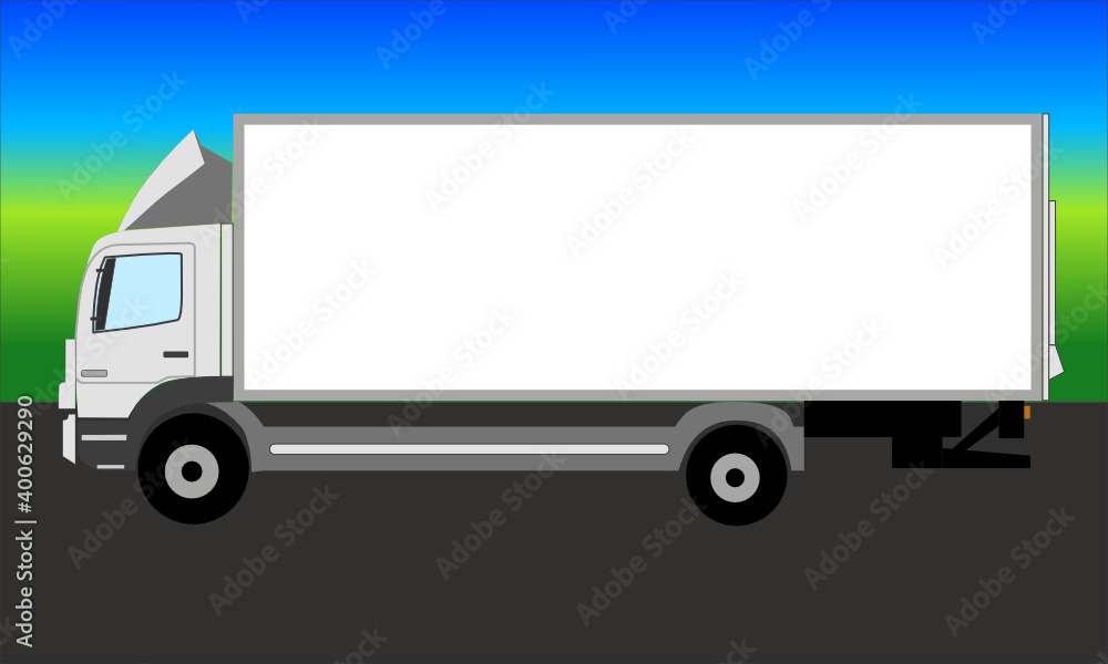 Nach links gerichteter weißer Lkw auf einer Straße und blau grünem Hintergrund mit Farbverlauf Nach links gerichteter weißer Lkw auf einer Straße und blau grünem Hintergrund mit Farbverlauf