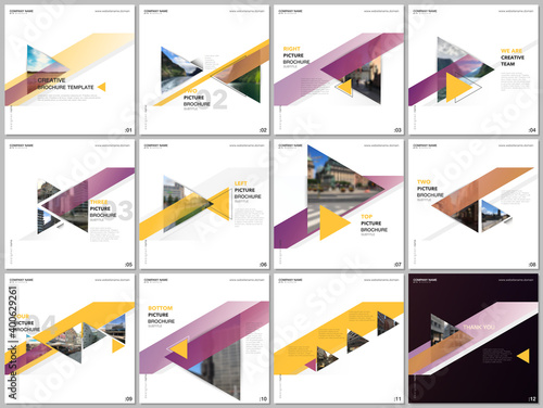 Minimal brochure templates with colorful triangles, triangular shapes. Covers design templates for square flyer, brochure, presentation, social media advertising, online seminar, digital education.