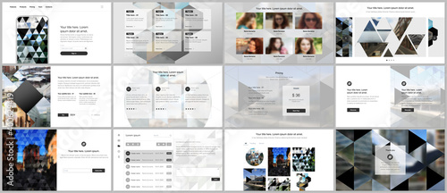 Vector templates for website design, presentations, portfolio. Templates with triangles, triangular pattern for presentation slides, flyer, leaflet, brochure cover. Backgrounds with place for photo.