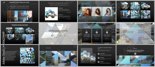 Vector templates for website design, presentations, portfolio. Templates with triangles, triangular pattern for presentation slides, flyer, leaflet, brochure cover. Backgrounds with place for photo.