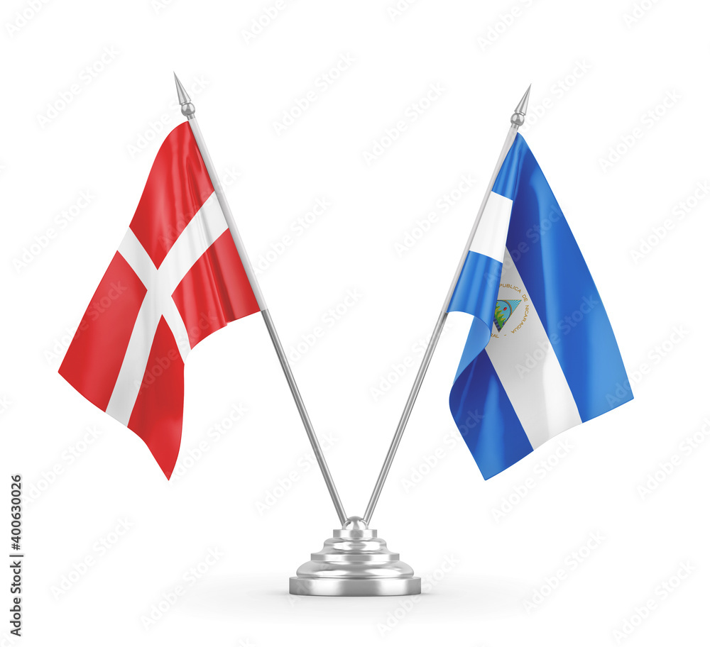 Nicaragua and Denmark table flags isolated on white 3D rendering